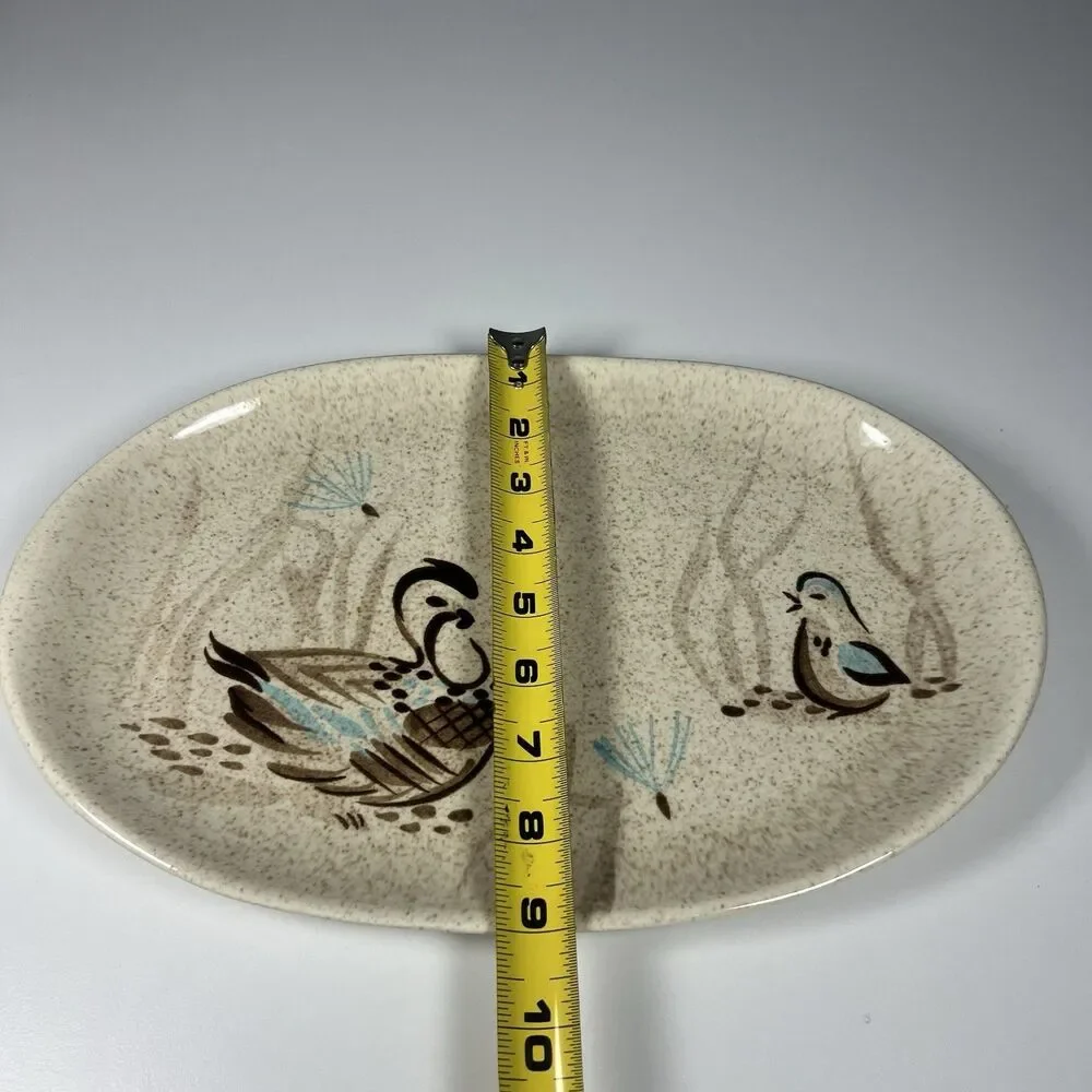 1 Vintage Red Wing Bob White Oval Platter Speckled Stoneware Quail 13.5 x 9